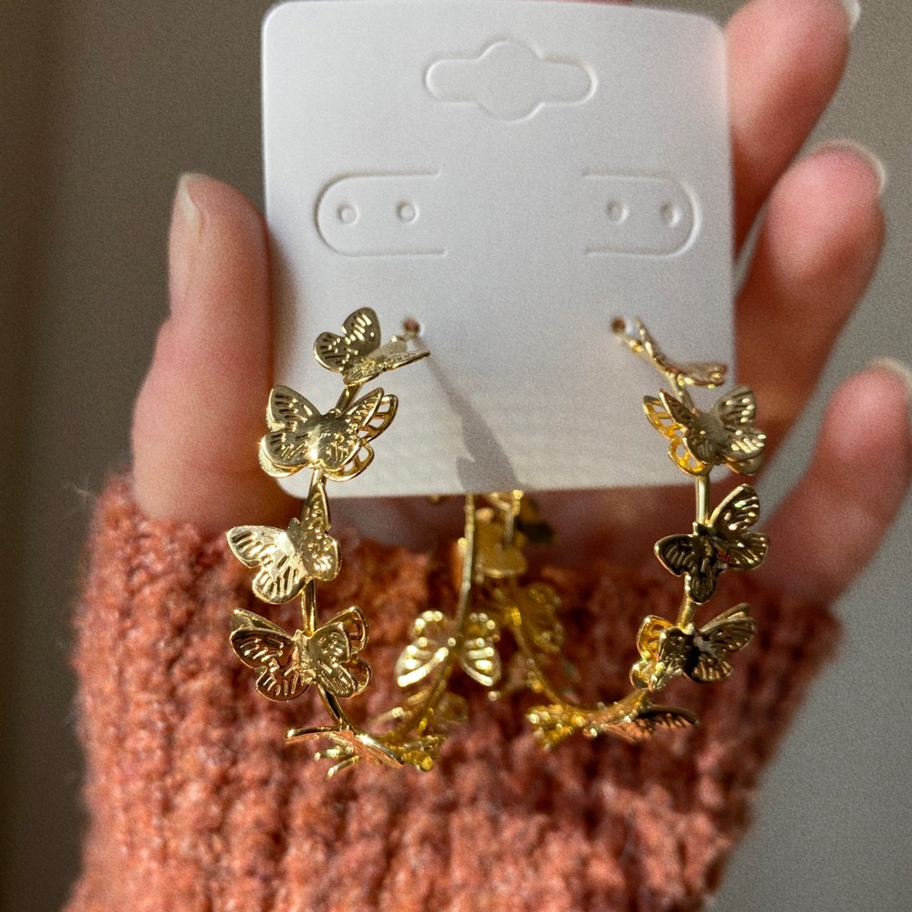 14k Gold Plated Butterfly Hoops - Picture 2 of 4